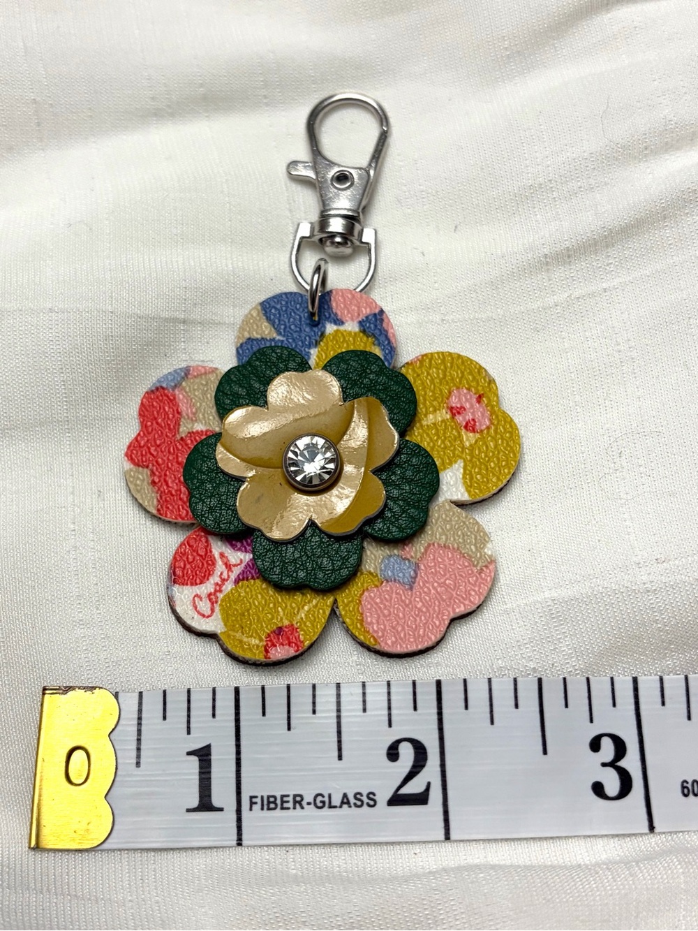 Upcycled COACH Multicolor Floral Leather Key & Card Holder Charm with Crystal - Picture 4 of 5